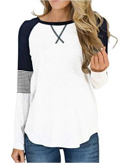 Hilltichu Womens Color Block Round Neck Tunic Tops Casual Long Sleeve Shirt Blouse