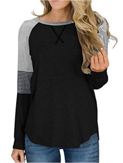 Hilltichu Womens Color Block Round Neck Tunic Tops Casual Long Sleeve Shirt Blouse