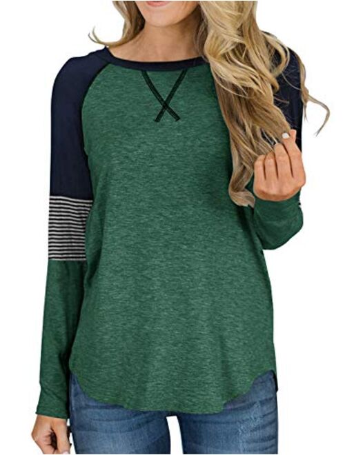 Hilltichu Womens Color Block Round Neck Tunic Tops Casual Long Sleeve Shirt Blouse