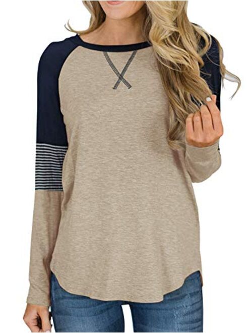 Hilltichu Womens Color Block Round Neck Tunic Tops Casual Long Sleeve Shirt Blouse