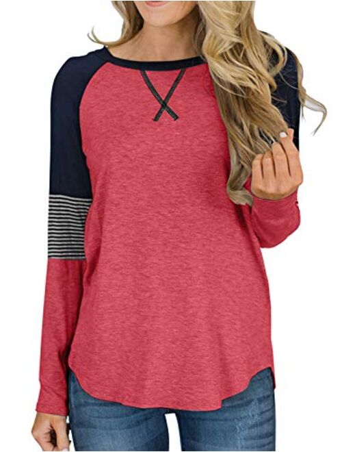 Hilltichu Womens Color Block Round Neck Tunic Tops Casual Long Sleeve Shirt Blouse