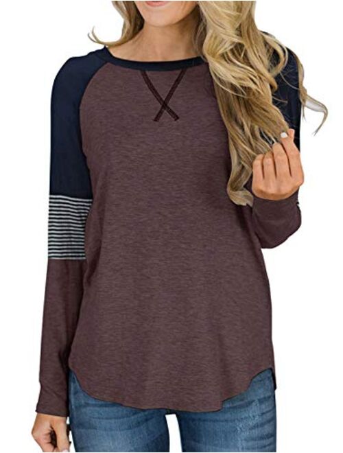 Hilltichu Womens Color Block Round Neck Tunic Tops Casual Long Sleeve Shirt Blouse