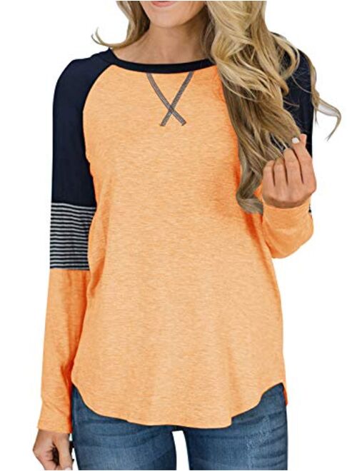 Hilltichu Womens Color Block Round Neck Tunic Tops Casual Long Sleeve Shirt Blouse