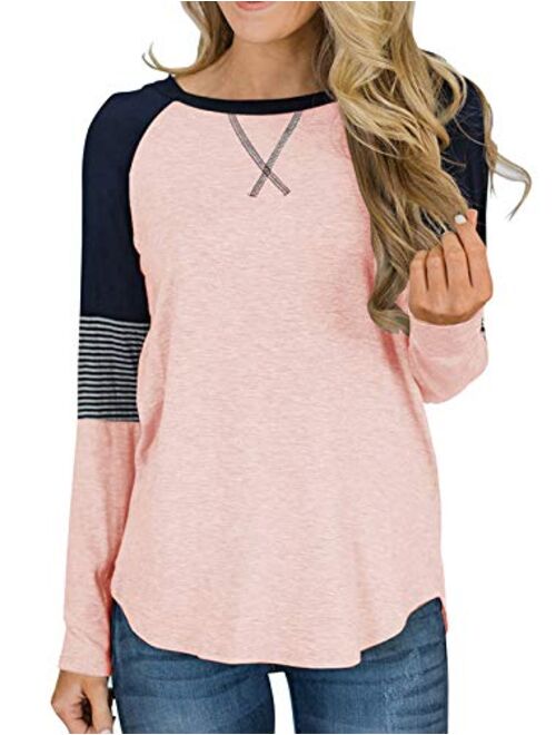 Hilltichu Womens Color Block Round Neck Tunic Tops Casual Long Sleeve Shirt Blouse