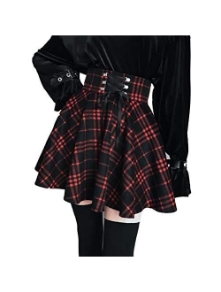 Women's High Waisted A-line Gothic Skirt Short Flare Mini Black Red Plaid Pleated Skirt