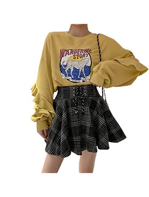 Women's High Waisted A-line Gothic Skirt Short Flare Mini Black Red Plaid Pleated Skirt