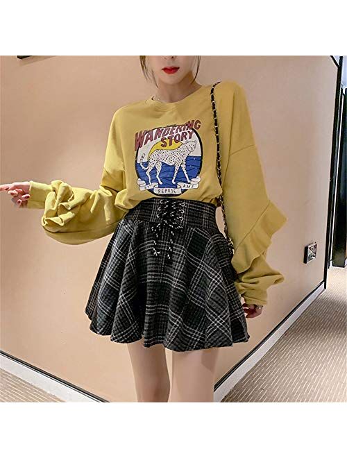 Women's High Waisted A-line Gothic Skirt Short Flare Mini Black Red Plaid Pleated Skirt