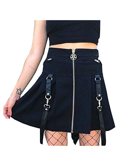 Women's High Waisted A-line Gothic Skirt Short Flare Mini Black Red Plaid Pleated Skirt