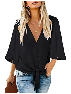 luvamia Women's V Neck Tops Ruffle 3/4 Sleeve Tie Knot Blouses Button Down Shirts