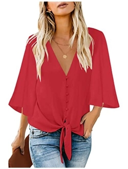 luvamia Women's V Neck Tops Ruffle 3/4 Sleeve Tie Knot Blouses Button Down Shirts