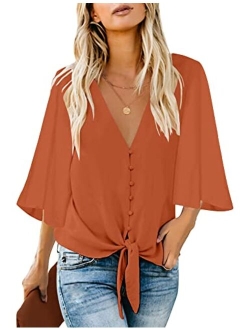 luvamia Women's V Neck Tops Ruffle 3/4 Sleeve Tie Knot Blouses Button Down Shirts