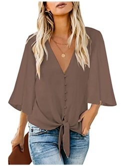 luvamia Women's V Neck Tops Ruffle 3/4 Sleeve Tie Knot Blouses Button Down Shirts