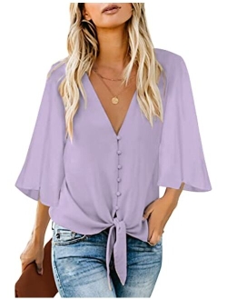 luvamia Women's V Neck Tops Ruffle 3/4 Sleeve Tie Knot Blouses Button Down Shirts