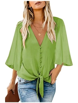 luvamia Women's V Neck Tops Ruffle 3/4 Sleeve Tie Knot Blouses Button Down Shirts