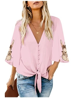 luvamia Women's V Neck Tops Ruffle 3/4 Sleeve Tie Knot Blouses Button Down Shirts