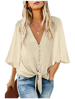 luvamia Women's V Neck Tops Ruffle 3/4 Sleeve Tie Knot Blouses Button Down Shirts