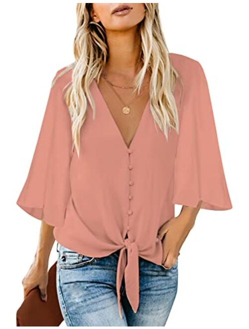 luvamia Women's V Neck Tops Ruffle 3/4 Sleeve Tie Knot Blouses Button Down Shirts