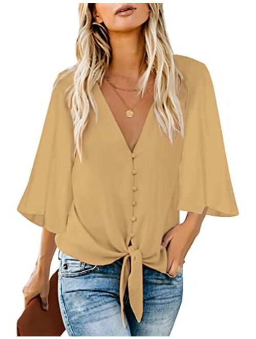 luvamia Women's V Neck Tops Ruffle 3/4 Sleeve Tie Knot Blouses Button Down Shirts