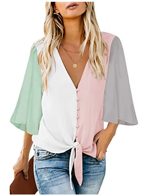 luvamia Women's V Neck Tops Ruffle 3/4 Sleeve Tie Knot Blouses Button Down Shirts