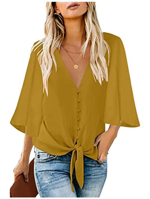 luvamia Women's V Neck Tops Ruffle 3/4 Sleeve Tie Knot Blouses Button Down Shirts