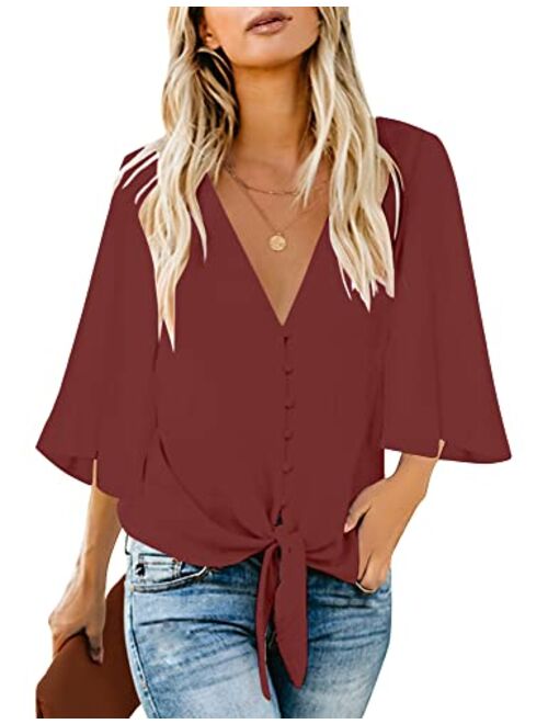 luvamia Women's V Neck Tops Ruffle 3/4 Sleeve Tie Knot Blouses Button Down Shirts