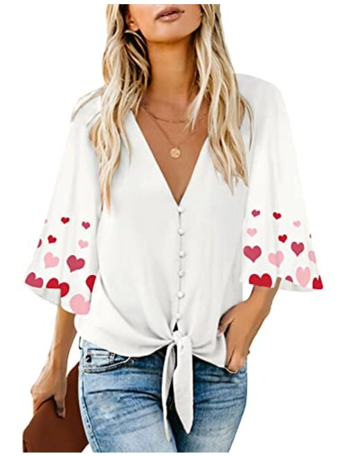 luvamia Women's V Neck Tops Ruffle 3/4 Sleeve Tie Knot Blouses Button Down Shirts