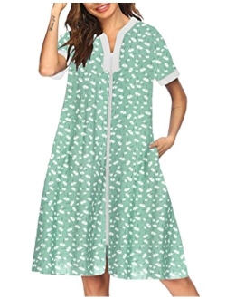 Nightgown Women Housecoats Zipper Front Robe V Neck Ladies Lightweight Duster & Long Houedress with Two Pockets