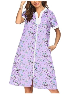 Nightgown Women Housecoats Zipper Front Robe V Neck Ladies Lightweight Duster & Long Houedress with Two Pockets