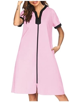 Nightgown Women Housecoats Zipper Front Robe V Neck Ladies Lightweight Duster & Long Houedress with Two Pockets