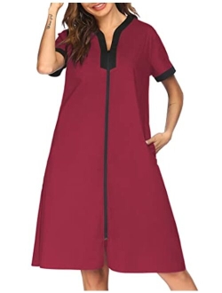 Nightgown Women Housecoats Zipper Front Robe V Neck Ladies Lightweight Duster & Long Houedress with Two Pockets
