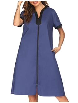 Nightgown Women Housecoats Zipper Front Robe V Neck Ladies Lightweight Duster & Long Houedress with Two Pockets