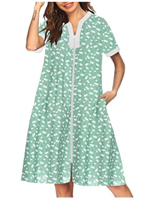 Ekouaer Nightgown Women Housecoats Zipper Front Robe V Neck Ladies Lightweight Duster & Long Houedress with Two Pockets