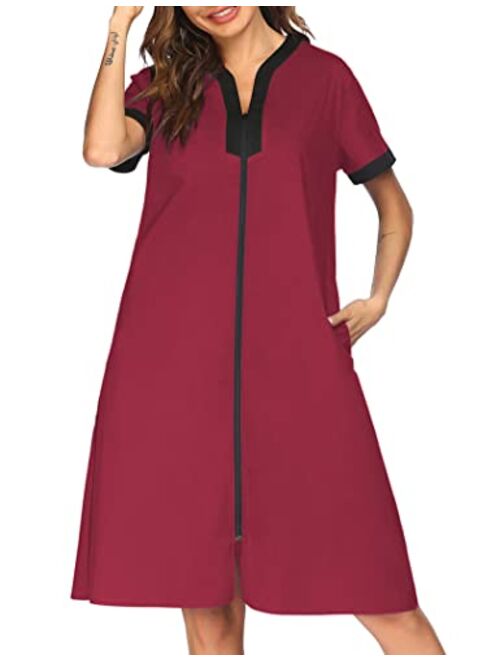 Ekouaer Nightgown Women Housecoats Zipper Front Robe V Neck Ladies Lightweight Duster & Long Houedress with Two Pockets