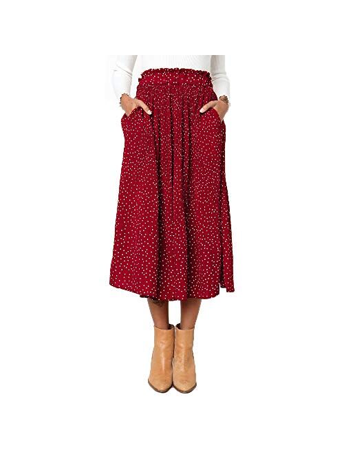 Exlura Womens High Waist Polka Dot Pleated Skirt Midi Maxi Swing Skirt with Pockets