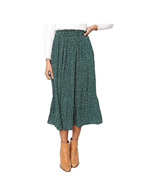 Exlura Womens High Waist Polka Dot Pleated Skirt Midi Maxi Swing Skirt with Pockets