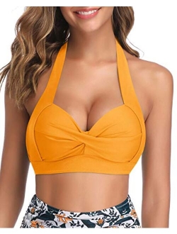 Women Bikini Top Push Up Halter Padded Retro Swimsuit Vintage Backless Top