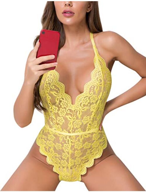 Lace Bodysuit for Women Sexy Eyelash Teddy Valentine's Day Lingerie Naughty Negligee Bodysuit