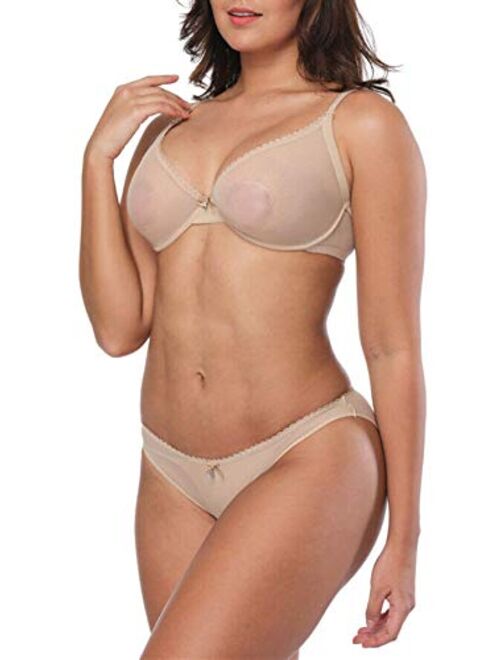 Women's Sexy Sheer Bra See Through Mesh Lingerie Set Transparent Unlined Lace Barely There Bras