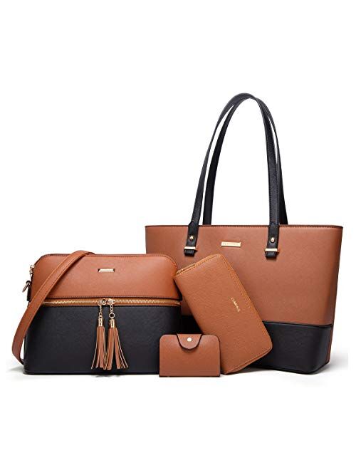 Lovematch Women Fashion Synthetic Leather Handbags Tote Bag Shoulder Bag Top Handle Satchel Purse Set 4pcs