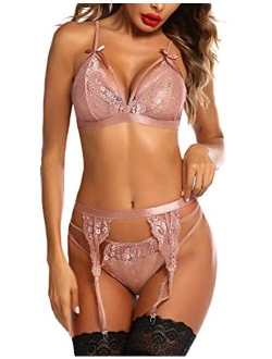 Women Lingerie Set Lace Teddy Strap Babydoll Bodysuit with Garter Belts