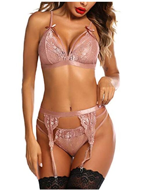 Avidlove Women Lingerie Set Lace Teddy Strap Babydoll Bodysuit with Garter Belts