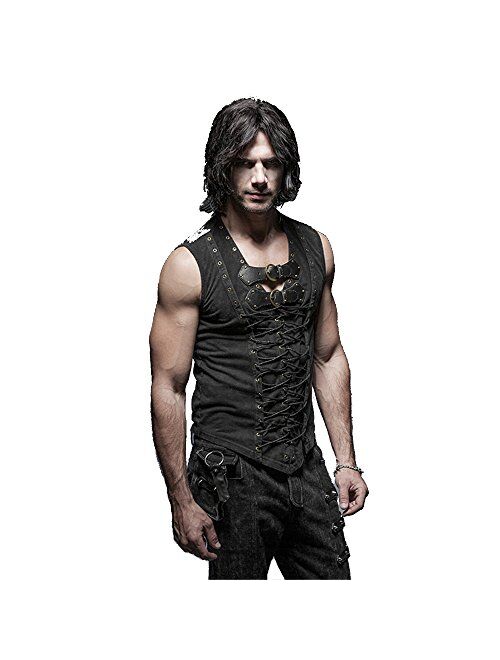 Punk Rock Man Cotton Leather Belt Sleeveless T-Shirt Front Strap Vest Bandage Casual Tank Tops