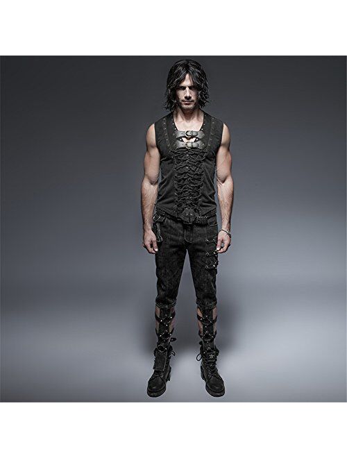 Punk Rock Man Cotton Leather Belt Sleeveless T-Shirt Front Strap Vest Bandage Casual Tank Tops