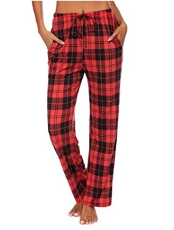 Women Lounge Pants Comfy Pajama Bottom with Pockets Stretch Plaid Sleepwear Drawstring Pj Bottoms Pants