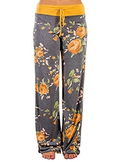 X-Image Women's Comfy Stretch Floral Print Drawstring Long Wide Leg Lounge Pants