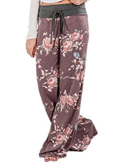 X-Image Women's Comfy Stretch Floral Print Drawstring Long Wide Leg Lounge Pants