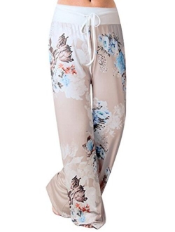X-Image Women's Comfy Stretch Floral Print Drawstring Long Wide Leg Lounge Pants