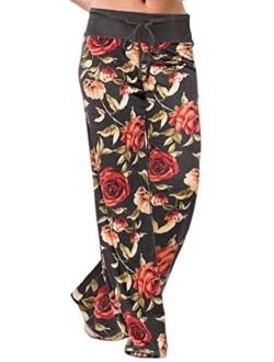 X-Image Women's Comfy Stretch Floral Print Drawstring Long Wide Leg Lounge Pants