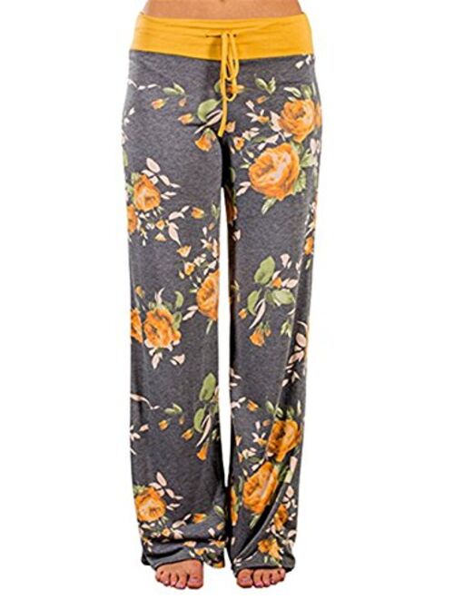 X-Image Women's Comfy Stretch Floral Print Drawstring Long Wide Leg Lounge Pants