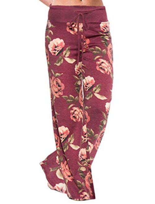 X-Image Women's Comfy Stretch Floral Print Drawstring Long Wide Leg Lounge Pants